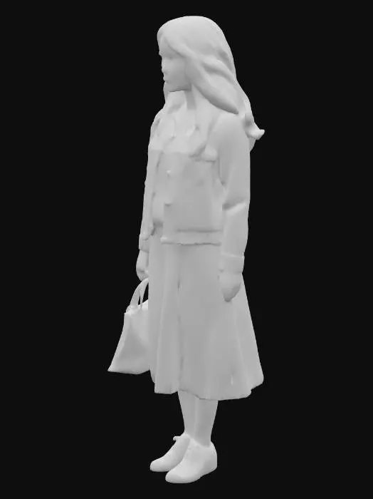 3D model for Ein spielbereiter 3D-Avatar einer 32-jährigen Frau im modernen Mom-Style, die ein geblümtes Midikleid, eine Jeansjacke und weiße Sneakers trägt. Langes, welliges braunes Haar, trägt eine kleine Tragetasche. Low-Poly-Modell mit PBR-Texturen für realistischen Stoff und Haut