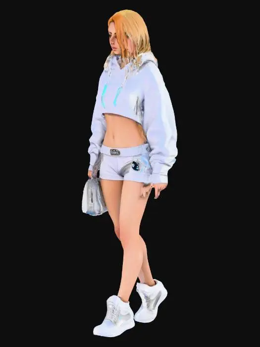 3D model for eine weibliche Figur, stehend ,Stil: Hyperrealistisches High-Poly-Modell mit einer Fusion aus moderner Straßenmode und fortschrittlicher Technologie