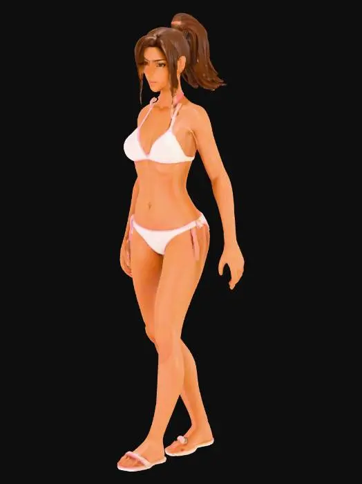 3D model for eine junge Frau, gehend,braunser taint, kurzes Haar, sie trägt einen Bikini