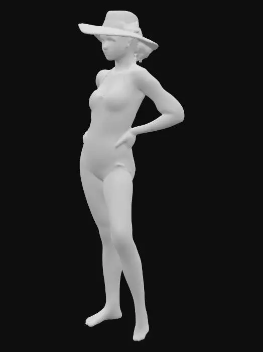 3D model for Eine junge Frau, kurzes Haar, dunkler Taint, sie trägt einen Badeanzug und einen Sonnenhut
