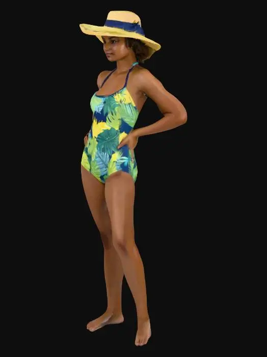 3D model for Eine junge Frau, kurzes Haar, dunkler Taint, sie trägt einen Badeanzug und einen Sonnenhut