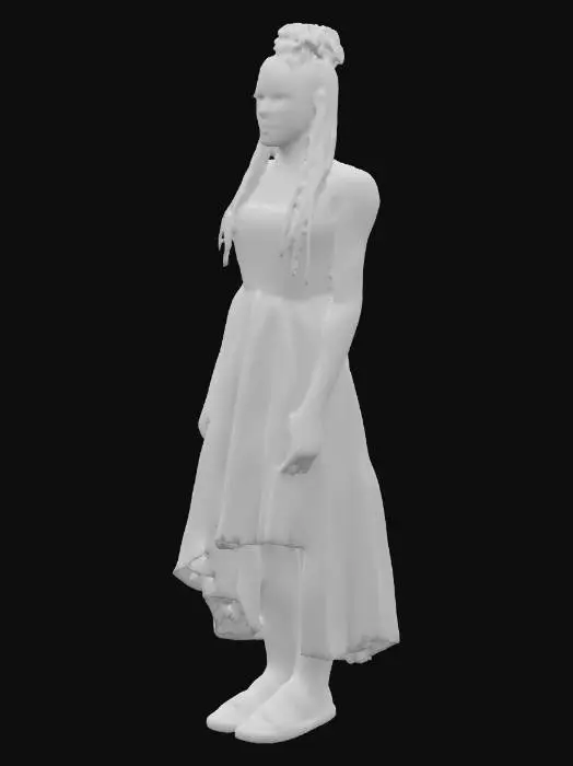 3D model for junge Frau, geflochtenes Haar, dunkler Taint, sie trägt ein Sommerkleid und Sandalen