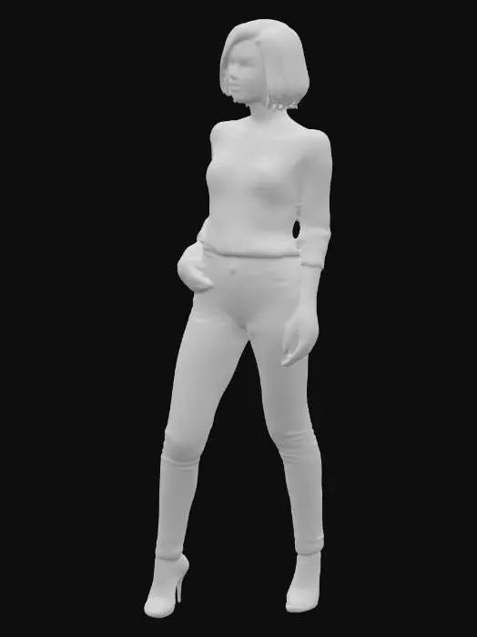 3D model for eine Frau, ende 20, ultra generierter körper, kurzes Haar, sie trägt ein modisches Top, taillierte Jeans mide rise high Heels