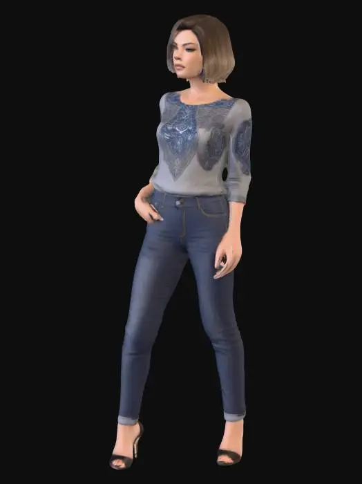 3D model for eine Frau, ende 20, ultra generierter körper, kurzes Haar, sie trägt ein modisches Top, taillierte Jeans mide rise high Heels