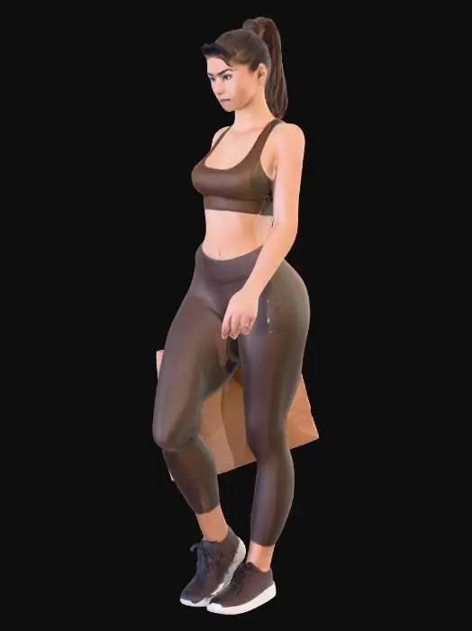 3D model for Eine junge, dynamische Frau in sportlicher Kleidung, bestehend aus einer eng anliegenden Leggings und einem atmungsaktiven Oberteil. Ihr dunkles Haar ist zu einem Pferdeschwanz gebunden, und ihr Gesichtsausdruck ist konzentriert. Sie hält eine große, rechteckige Einkaufstasche aus mattem, recyceltem Papier in einem kräftigen Braunton. Die Tasche zeigt feine Fasern, ist steif und hat robuste, gedrehte Papierhenkel.