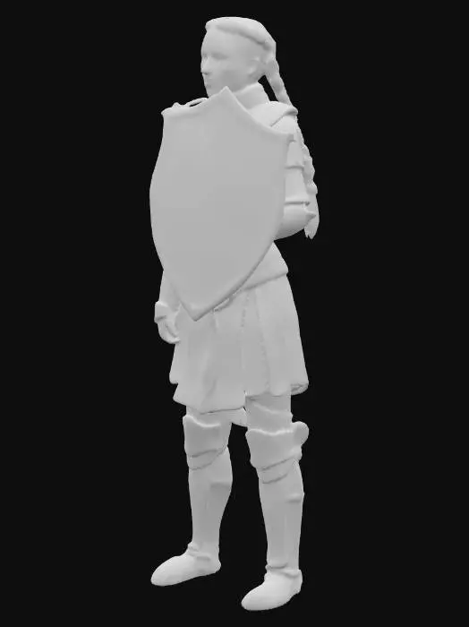 3D model for Eine Schildmaid in festlicherer Kampfrüstung, die Stärke und Eleganz vereint. Ihre Rüstung besteht aus glänzendem, gebürstetem Stahl mit goldenen Akzenten. Die glatte, kühle Oberfläche reflektiert das Licht, während die goldenen Gravuren eine feine, erhabene Textur bieten. Ihr Gesicht zeigt eine selbstbewusste Miene, umrahmt von kunstvoll geflochtenen, kastanienbraunen Zöpfen. Sie trägt einen verzierten, wappenförmigen Schild aus Metall, dessen blaues Emaillefeld leichte Sprünge und matte Stellen aufweist.