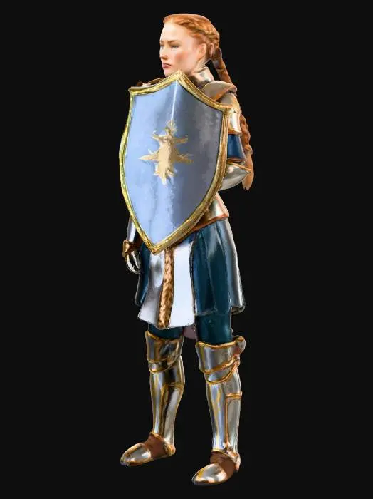 3D model for Eine Schildmaid in festlicherer Kampfrüstung, die Stärke und Eleganz vereint. Ihre Rüstung besteht aus glänzendem, gebürstetem Stahl mit goldenen Akzenten. Die glatte, kühle Oberfläche reflektiert das Licht, während die goldenen Gravuren eine feine, erhabene Textur bieten. Ihr Gesicht zeigt eine selbstbewusste Miene, umrahmt von kunstvoll geflochtenen, kastanienbraunen Zöpfen. Sie trägt einen verzierten, wappenförmigen Schild aus Metall, dessen blaues Emaillefeld leichte Sprünge und matte Stellen aufweist.