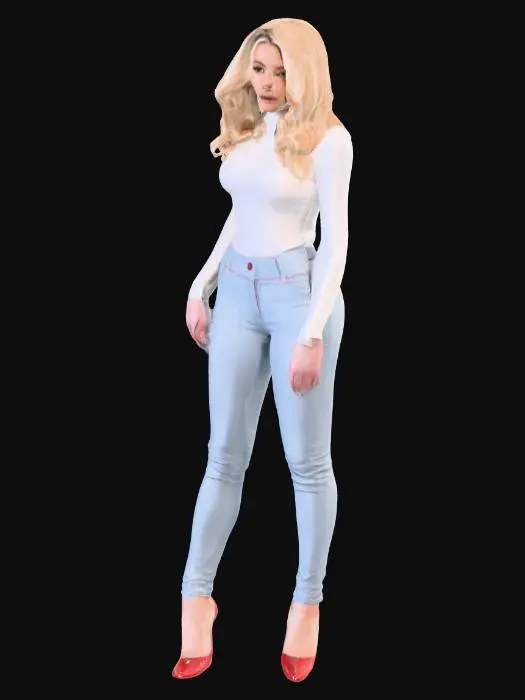 3D model for Eine Frau mit voluminösem, welligem blondem Haar, das sanft über ihre Schultern fällt. Sie trägt eine figurbetonte, hellblaue Röhrenjeans mit feiner Webstruktur und leichten Falten im Kniebereich, die eine weiche, aber straffe Haptik suggeriert. Ihre hochhackigen Schuhe sind aus glänzendem, kirschrotem Lackleder gefertigt, mit einem schlanken Stilettoabsatz und einer geschwungenen Silhouette. Sie steht mit einer leicht vorgeneigten Hüfte.