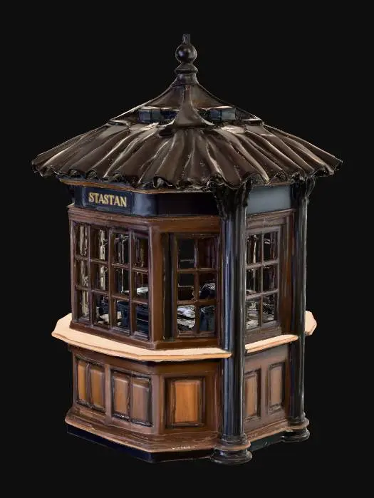 3D model for Ein nostalgischer Bahnhofskiosk, gefertigt aus dunklem Holz mit feiner Maserung und verzierten Details. Die Fenster sind in mehrere kleine Scheiben unterteilt, eingefasst in schlanke, schwarze Rahmen. Ein Vordach mit gewellten Blechplatten schützt den Eingangsbereich. Die Theke ist aus massiver Eiche, zeigt leichte Gebrauchsspuren und besitzt eine warme, natürliche Ausstrahlung. Die Struktur ist robust und vermittelt ein Gefühl von Beständigkeit und Tradition.