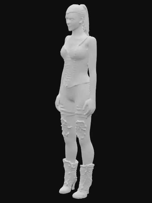 3D model for Eine Frau mit kraftvoller Ausstrahlung trägt eine steife, formgebende Korsage aus schwarzem Leder, die mit kleinen, matten Metallnieten besetzt ist. Die Oberfläche des Leders zeigt eine feine, aber sichtbare Narbung, die für eine raue Textur sorgt. Sie hat ein markantes Gesicht mit entschlossenen Zügen und trägt ihr helles Haar streng zurückgebunden, wodurch ihr kräftiger Nacken betont wird. Ihre Arme sind angewinkelt, was eine selbstbewusste Haltung vermittelt.