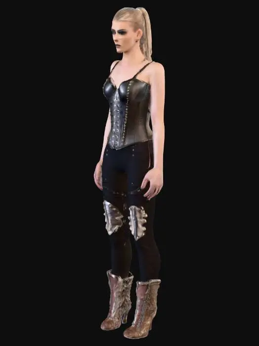 3D model for Eine Frau mit kraftvoller Ausstrahlung trägt eine steife, formgebende Korsage aus schwarzem Leder, die mit kleinen, matten Metallnieten besetzt ist. Die Oberfläche des Leders zeigt eine feine, aber sichtbare Narbung, die für eine raue Textur sorgt. Sie hat ein markantes Gesicht mit entschlossenen Zügen und trägt ihr helles Haar streng zurückgebunden, wodurch ihr kräftiger Nacken betont wird. Ihre Arme sind angewinkelt, was eine selbstbewusste Haltung vermittelt.