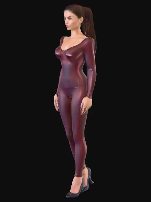 3D model for Eine realistische Frau in einem eleganten, figurbetonten Outfit aus glänzendem, dehnbarem Material, das ihre Silhouette betont. Das Kleidungsstück hat eine glatte Textur und schimmert leicht im Licht, mit tiefen, satten Farben wie Mitternachtsblau oder Burgunderrot. Es besitzt klare, präzise Nähte und umschmeichelt die natürliche Form, wirkt geschmeidig und modern. Die Haltung ist selbstbewusst, mit einer neutralen Gesichtsexpression und sanften Gesichtszügen.