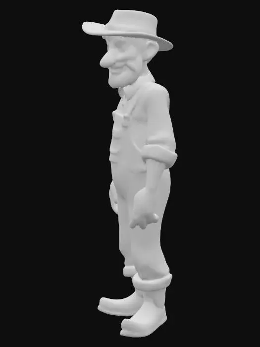 3D model for Ein älterer Gärtner mit einem freundlichen, wettergegerbten Gesicht, dessen Haut von der Sonne gebräunt ist. Er trägt eine abgenutzte, grün-braune Latzhose aus festem Baumwollstoff und ein hellblaues Hemd, dessen Ärmel hochgekrempelt sind. Seine Hände sind kräftig und leicht schmutzig. Auf seinem Kopf sitzt ein strohfarbener Hut mit breiter Krempe, der leicht schief sitzt und Gebrauchsspuren aufweist.