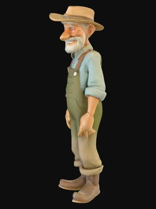 3D model for Ein älterer Gärtner mit einem freundlichen, wettergegerbten Gesicht, dessen Haut von der Sonne gebräunt ist. Er trägt eine abgenutzte, grün-braune Latzhose aus festem Baumwollstoff und ein hellblaues Hemd, dessen Ärmel hochgekrempelt sind. Seine Hände sind kräftig und leicht schmutzig. Auf seinem Kopf sitzt ein strohfarbener Hut mit breiter Krempe, der leicht schief sitzt und Gebrauchsspuren aufweist.