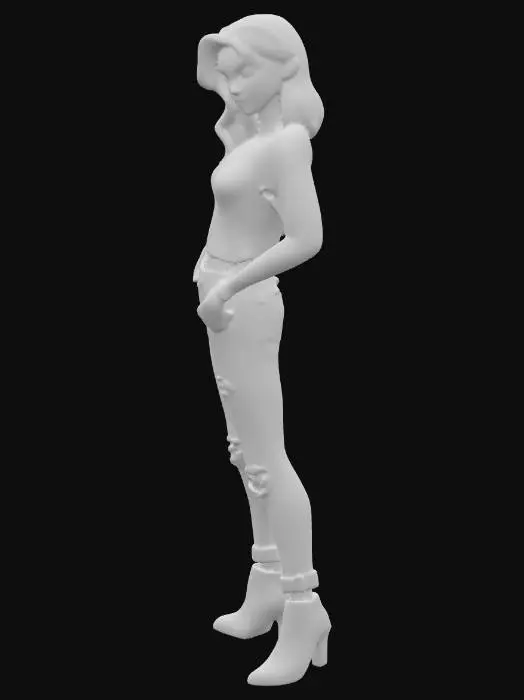 3D model for Eine modebewusste, blonde Frau mit einem präzisen Scheitel und glattem Haar, das auf einer Seite hinter dem Ohr liegt. Sie trägt eine zerrissene, hellgraue Boyfriend-Jeans, die lässig sitzt und grobe, ausgefranste Details aufweist. Dazu kombiniert sie schwarze Leder-Ankle-Boot-High-Heels mit einem schlanken Absatz. Ihre Haltung ist selbstbewusst, mit einer leicht erhobenen Augenbraue und einem koketten Grinsen.