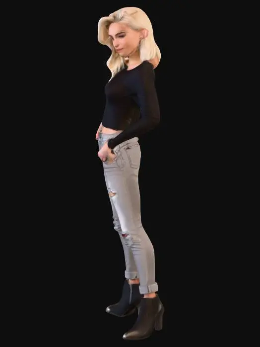 3D model for Eine modebewusste, blonde Frau mit einem präzisen Scheitel und glattem Haar, das auf einer Seite hinter dem Ohr liegt. Sie trägt eine zerrissene, hellgraue Boyfriend-Jeans, die lässig sitzt und grobe, ausgefranste Details aufweist. Dazu kombiniert sie schwarze Leder-Ankle-Boot-High-Heels mit einem schlanken Absatz. Ihre Haltung ist selbstbewusst, mit einer leicht erhobenen Augenbraue und einem koketten Grinsen.
