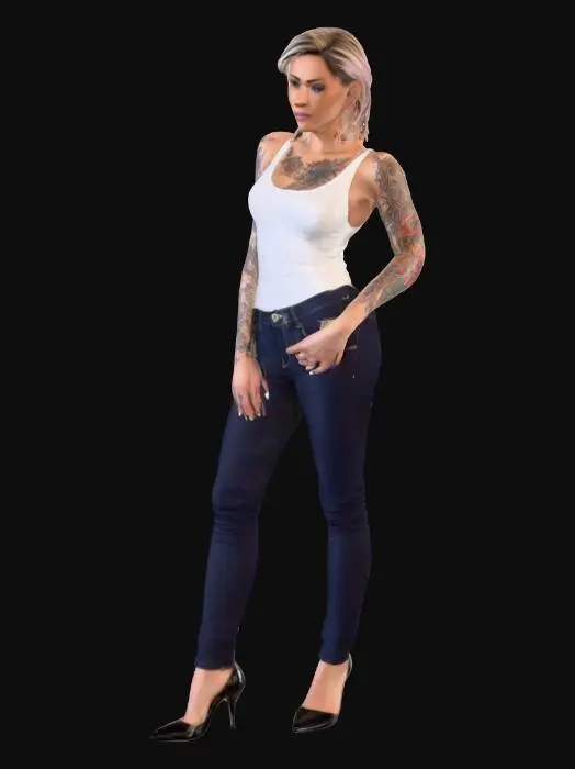 3D model for Eine Frau Anfang 30, gekleidet in einer eng anliegenden, dunkelblauen Jeans, die ihre Figur betont. Sie trägt ein schlichtes, weißes Tanktop aus dehnbarem Stoff und glänzende, schwarze High Heels mit dünnen Absätzen. Ihre Arme sind mit detaillierten, kunstvollen Tattoos in verschiedenen Farben geschmückt, die bis zu den Schultern reichen und auffällige Muster bilden.