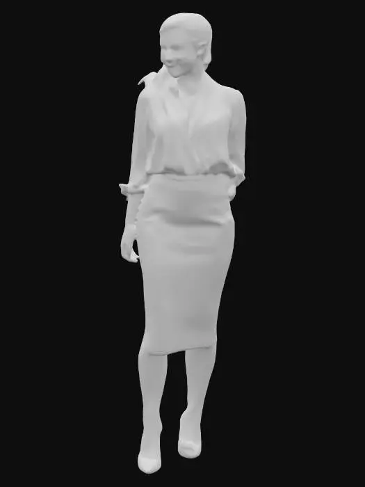 3D model for Eine Frau in ihren späten Dreißigern mit einem charismatischen Lächeln und klaren Gesichtskonturen. Ihr hellbraunes Haar ist zu einem eleganten Pferdeschwanz zusammengebunden. Sie ist in eine Bluse aus fließendem Chiffon und einen Bleistiftrock aus mattem Leder gekleidet, abgerundet durch klassische Pumps mit hohem Absatz aus dunkelblauem Glattleder. Das Leder hat eine glatte, leicht glänzende Oberfläche mit feiner Narbung.
