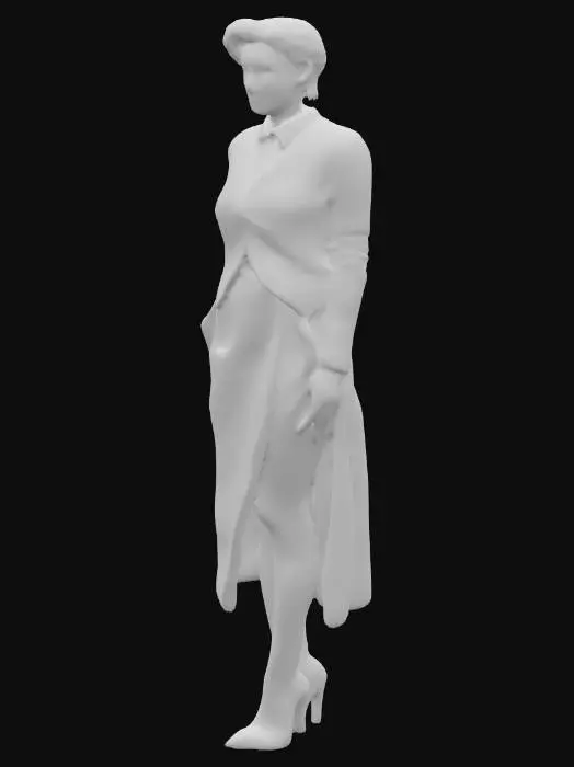 3D model for Ein detailliertes Modell einer Frau Mitte 30, mit einer makellosen Victory-Rolls-Frisur in glänzendem Schwarz. Sie ist in einen eleganten Cardigan aus Kaschmir in Blassrosa und einen hoch taillierten, weiten Rock aus schwerer Brokatseide in Schwarz gekleidet. Ihre Beine sind mit seidenmatten Nahtstrümpfen in einem dunklen Anthrazit geschmückt, und sie trägt Pumps mit spitzem Absatz aus poliertem schwarzem Leder.