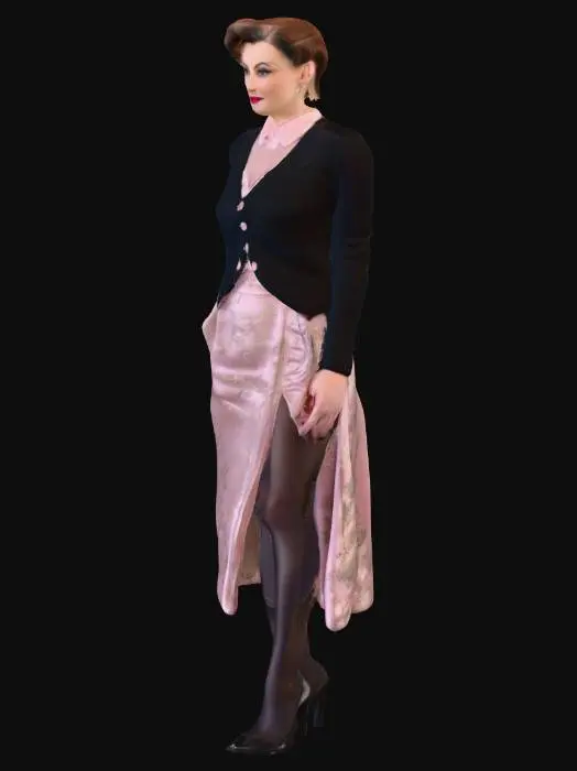 3D model for Ein detailliertes Modell einer Frau Mitte 30, mit einer makellosen Victory-Rolls-Frisur in glänzendem Schwarz. Sie ist in einen eleganten Cardigan aus Kaschmir in Blassrosa und einen hoch taillierten, weiten Rock aus schwerer Brokatseide in Schwarz gekleidet. Ihre Beine sind mit seidenmatten Nahtstrümpfen in einem dunklen Anthrazit geschmückt, und sie trägt Pumps mit spitzem Absatz aus poliertem schwarzem Leder.