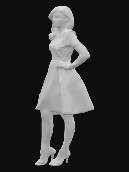 3D model for Eine Dame im späten dritten Lebensjahrzehnt, deren kupferrotes Haar in sanften Wellen auf die Schultern fällt, mit einem Seitenscheitel im 50er-Stil. Sie trägt ein charmantes Swing-Kleid aus Baumwolle mit einem Kirschblütenmuster auf cremefarbenem Grund und einem weiten Rock. Ihre Beine sind mit feinen, karamellfarbenen Nahtstrümpfen versehen, und an ihren Füßen sind klassische Riemchen-High Heels aus weichem Wildleder in Hellbeige.