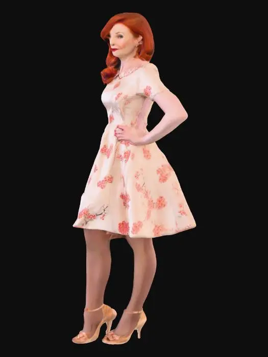 3D model for Eine Dame im späten dritten Lebensjahrzehnt, deren kupferrotes Haar in sanften Wellen auf die Schultern fällt, mit einem Seitenscheitel im 50er-Stil. Sie trägt ein charmantes Swing-Kleid aus Baumwolle mit einem Kirschblütenmuster auf cremefarbenem Grund und einem weiten Rock. Ihre Beine sind mit feinen, karamellfarbenen Nahtstrümpfen versehen, und an ihren Füßen sind klassische Riemchen-High Heels aus weichem Wildleder in Hellbeige.