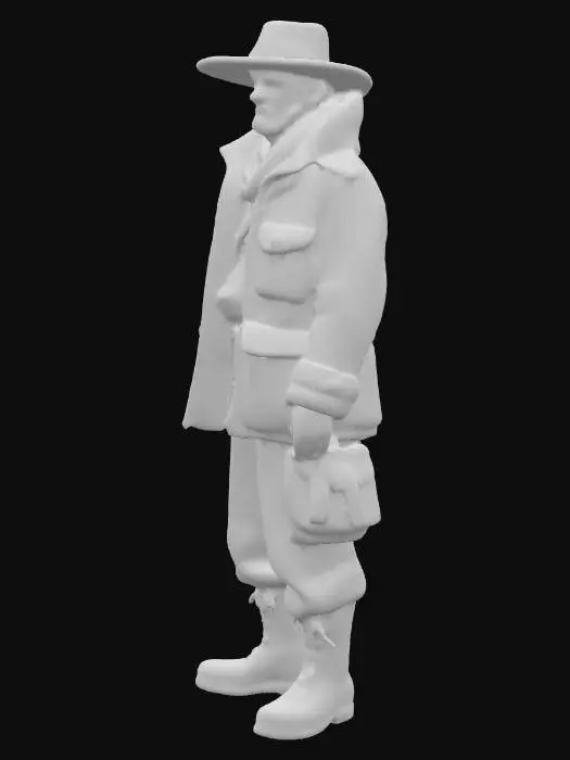 3D model for Ein Abenteurer mit einem robusten, breitkrempigen Outdoor-Hut aus festem Canvas-Stoff, der leichte Verschmutzungen und Gebrauchsspuren aufweist. Sein ernstes, wettergegerbtes Gesicht wird von einer kurzen, sorgfältig gestutzten Bartpracht umrahmt, die seinen entschlossenen Ausdruck unterstreicht. Er trägt eine strapazierfähige Jacke aus grobem Leinen mit vielen Taschen. Die erdigen Farben des Hutes und der Kleidung harmonieren mit der natürlichen Umgebung, während das Material robust und widerstandsfähig wirkt.