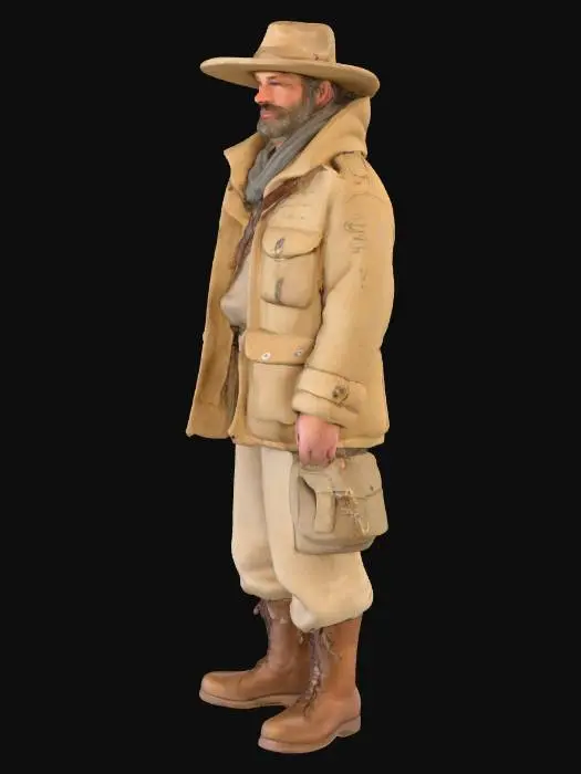 3D model for Ein Abenteurer mit einem robusten, breitkrempigen Outdoor-Hut aus festem Canvas-Stoff, der leichte Verschmutzungen und Gebrauchsspuren aufweist. Sein ernstes, wettergegerbtes Gesicht wird von einer kurzen, sorgfältig gestutzten Bartpracht umrahmt, die seinen entschlossenen Ausdruck unterstreicht. Er trägt eine strapazierfähige Jacke aus grobem Leinen mit vielen Taschen. Die erdigen Farben des Hutes und der Kleidung harmonieren mit der natürlichen Umgebung, während das Material robust und widerstandsfähig wirkt.