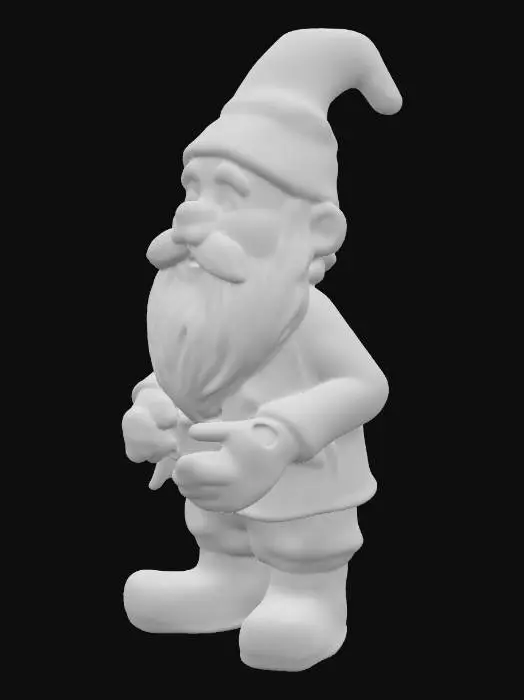 3D model for Ein kleiner, schelmischer Gartenzwerg aus glatter Keramik mit einer leuchtend roten Zipfelmütze und einem kurzen blauen Mantel. Sein kräftiger, weißer Bart ist detailreich modelliert, während sein nackter, runder Hintern frech in die Höhe ragt. Die Hautpartien sind in einem warmen Pfirsichton gehalten, während die Kleidung glatt und glänzend erscheint. Die Gesamtform ist gedrungen und stabil, mit einem glatten, kühlen Gefühl.