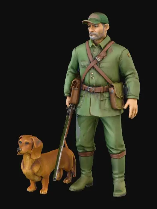 3D model for Ein robuster Jäger in traditioneller, waldgrüner Kleidung mit abgenutzten Lederapplikationen und einer passenden Mütze. Sein Gesicht ist wettergegerbt und ernst. Er hält eine antike Flinte. Neben ihm steht ein glatthaariger Dackel mit glänzend braunem Fell und kurzen Beinen, der aufmerksam nach vorne blickt, die Ohren gespitzt und die Rute leicht erhoben. Die Textur der Kleidung ist grob, das Leder hat feine Narben.