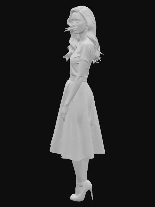 3D model for Eine junge Frau, etwa 30 Jahre alt, steht elegant in einem weiten, knielangen Tellerrock aus festem Baumwollstoff und einem eng anliegenden Oberteil mit kurzen Ärmeln. Der Rock zeigt ein zartes Blumenmuster auf Pastellgrund, während das Oberteil unifarben ist. Ihre schmalen Pumps sind aus glänzendem Leder gefertigt und haben einen moderaten Absatz. Ihre Frisur ist zu einer klassischen Welle gestylt, und ihr Gesichtsausdruck ist sanft.