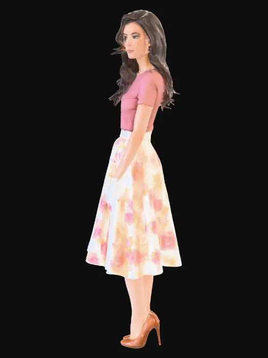 3D model for Eine junge Frau, etwa 30 Jahre alt, steht elegant in einem weiten, knielangen Tellerrock aus festem Baumwollstoff und einem eng anliegenden Oberteil mit kurzen Ärmeln. Der Rock zeigt ein zartes Blumenmuster auf Pastellgrund, während das Oberteil unifarben ist. Ihre schmalen Pumps sind aus glänzendem Leder gefertigt und haben einen moderaten Absatz. Ihre Frisur ist zu einer klassischen Welle gestylt, und ihr Gesichtsausdruck ist sanft.