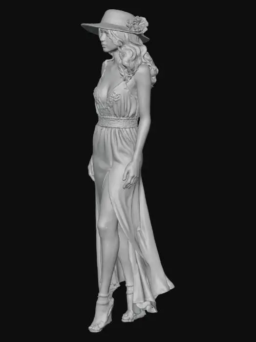 3D model for Ein glamouröser Frauencharakter mit einer anmutigen Haltung, bekleidet mit einem zweiteiligen Strandensemble der 1920er Jahre. Das Oberteil und die knielangen Shorts sind aus feiner, leicht durchscheinender Seide in einem zarten Pastellrosa gefertigt, akzentuiert mit einem kleinen Spitzenbesatz. Ihr welliges Haar ist elegant hochgesteckt, und sie trägt ein schlichtes Stirnband. Die Stoffe wirken leicht und fließend, ihre Haut zart und hell