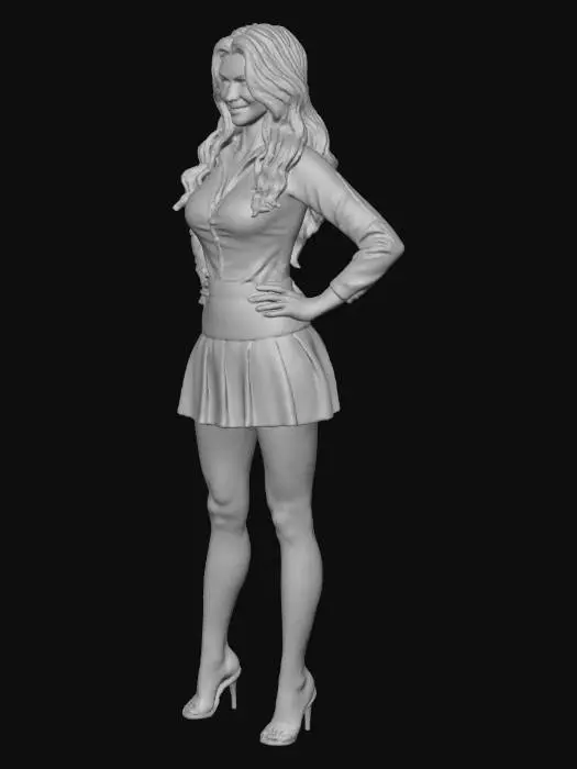3D model for eine blonde Frau atehend mit bluse kurzem Rock heels