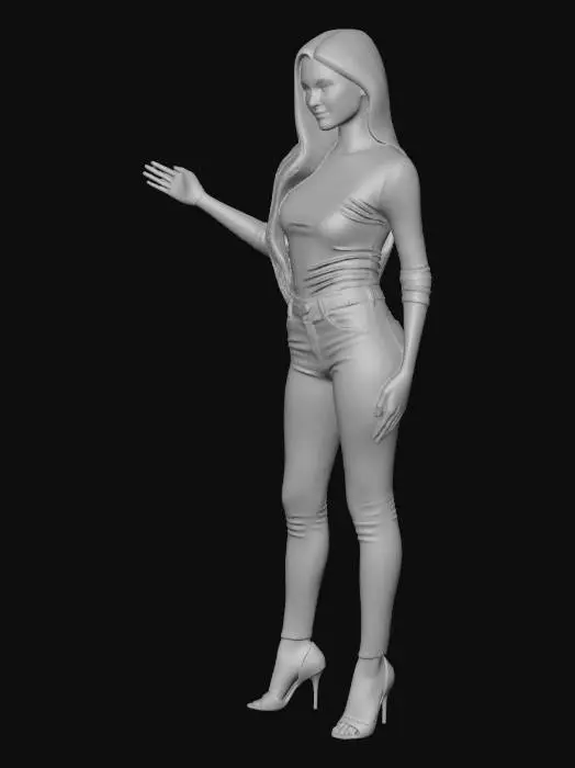 3D model for eine frau anfang 20 mit blondem Haar dunkler Taunt, sie trägt hautenge Jeans, High Heels eine enges top