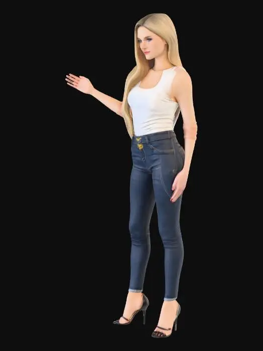 3D model for eine frau anfang 20 mit blondem Haar dunkler Taunt, sie trägt hautenge Jeans, High Heels eine enges top