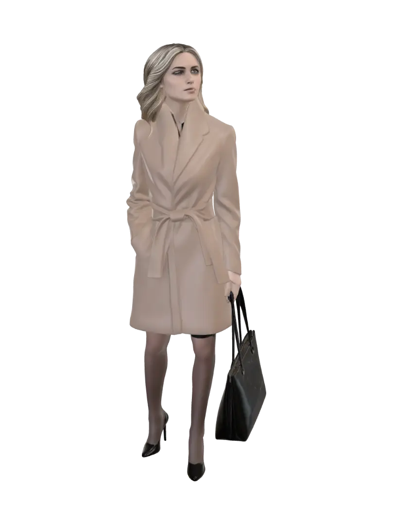 Beige Trench Coat Profile with Black Tote 3D model, vytvořený pomocí AI