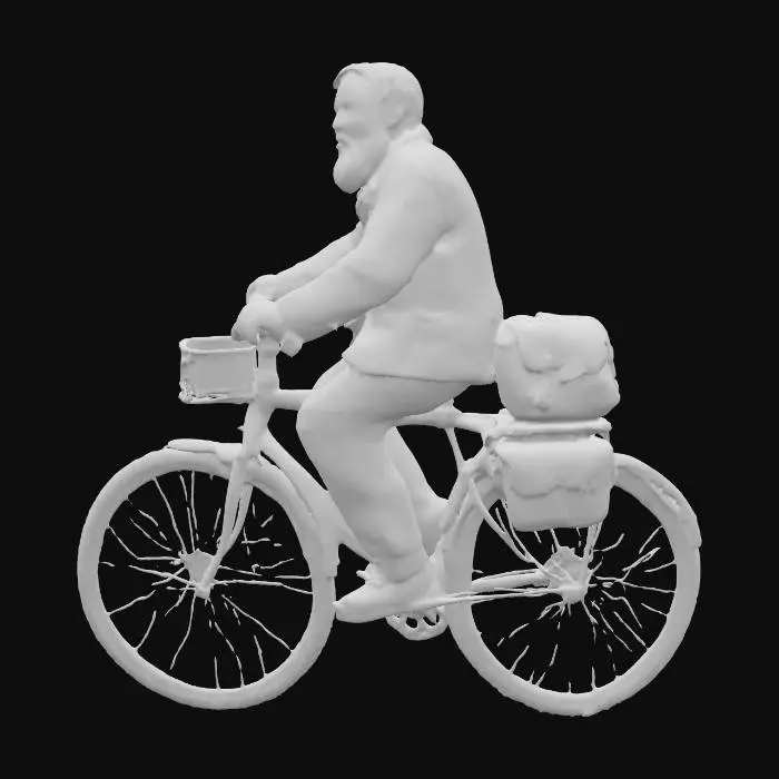 3D model for Ein älterer Mann mit einem vollen, grauen Bart und einer gemütlichen braunen Jacke fährt auf einem klassischen Tourenfahrrad. Er sitzt aufrecht, die Hände locker am hochgezogenen Lenker. Sein Gesichtsausdruck ist entspannt und freundlich. Das Fahrrad besitzt einen robusten, mattschwarzen Stahlrahmen, breite, profilierte Reifen und einen großen, weichen Ledersattel. Eine alte Stofftasche hängt seitlich am Gepäckträger.