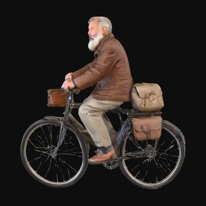 3D model for Ein älterer Mann mit einem vollen, grauen Bart und einer gemütlichen braunen Jacke fährt auf einem klassischen Tourenfahrrad. Er sitzt aufrecht, die Hände locker am hochgezogenen Lenker. Sein Gesichtsausdruck ist entspannt und freundlich. Das Fahrrad besitzt einen robusten, mattschwarzen Stahlrahmen, breite, profilierte Reifen und einen großen, weichen Ledersattel. Eine alte Stofftasche hängt seitlich am Gepäckträger.