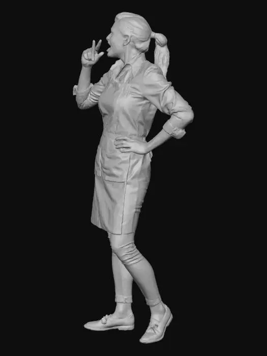 3D model for Karen waitress, dressed in yellow clothing, shouting angry at someone in front of her, cursing, pointing and cursing