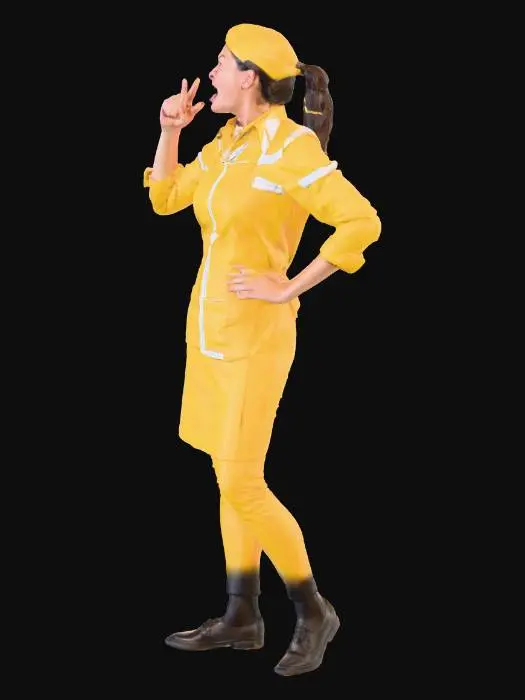 3D model for Karen waitress, dressed in yellow clothing, shouting angry at someone in front of her, cursing, pointing and cursing