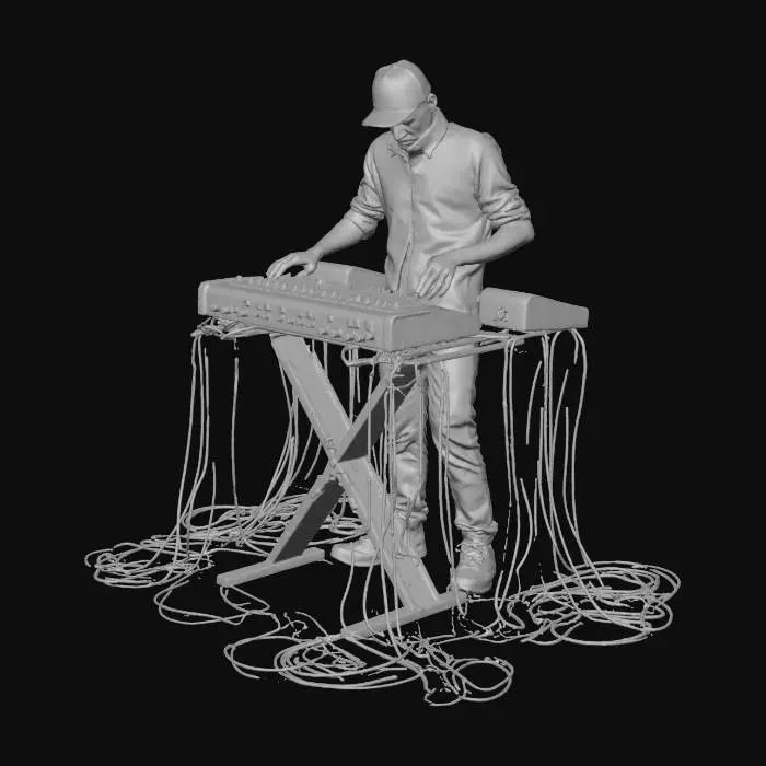3D model for a standing guy wearing a baseballcap playing two double stacked synthesizers connected with alot of cables for special effects and modules