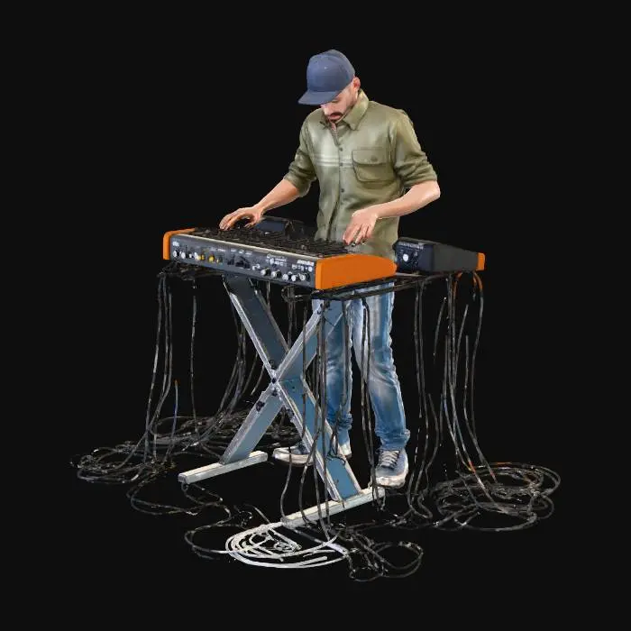 3D model for a standing guy wearing a baseballcap playing two double stacked synthesizers connected with alot of cables for special effects and modules