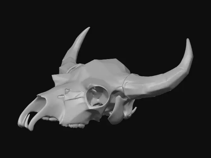 3D model for Bison skull, low poly geometric style, sharp faceted edges, minimalist western decor, white bone texture