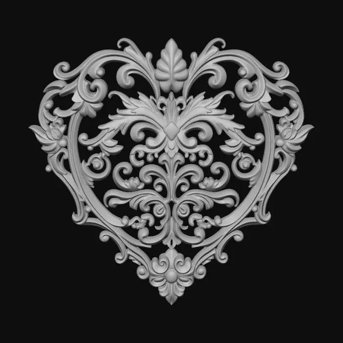 3D model for Ornamental heart filigree wall decor, elegant swirling patterns, baroque style, cutout design, relief sculpture, intricate details
