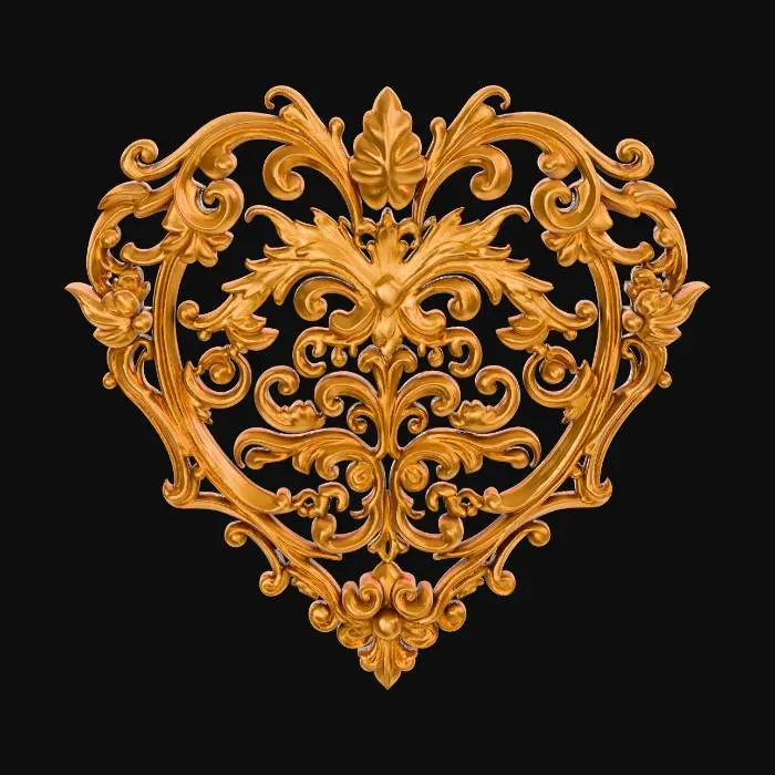 3D model for Ornamental heart filigree wall decor, elegant swirling patterns, baroque style, cutout design, relief sculpture, intricate details