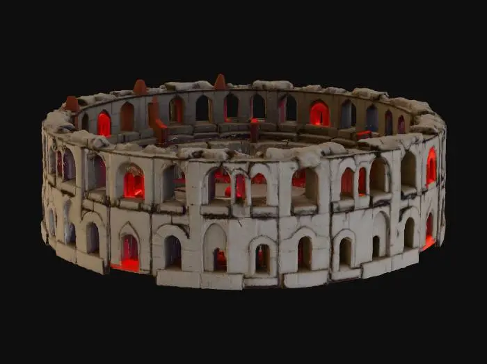 3D model for Zorlu savaşlar için tasarlanmış, yıpranmış taş ve paslı demirle inşa edilmiş dairesel bir savaş arenası. Yüksek, yontulmamış taş duvarlar çevreyi sarar, yüzeylerinde çatlaklar ve darbe izleri bulunur. Arena zemini, parçalanmış bazalt plakalarından oluşur ve bu plakaların arasında parlayan kızıl lav akıntıları veya dipsiz çukurlar görünür. Çevrede yere saplanmış keskin, kararmış metal kazıklar dokunsal olarak pürüzlü ve soğuk bir his verir.