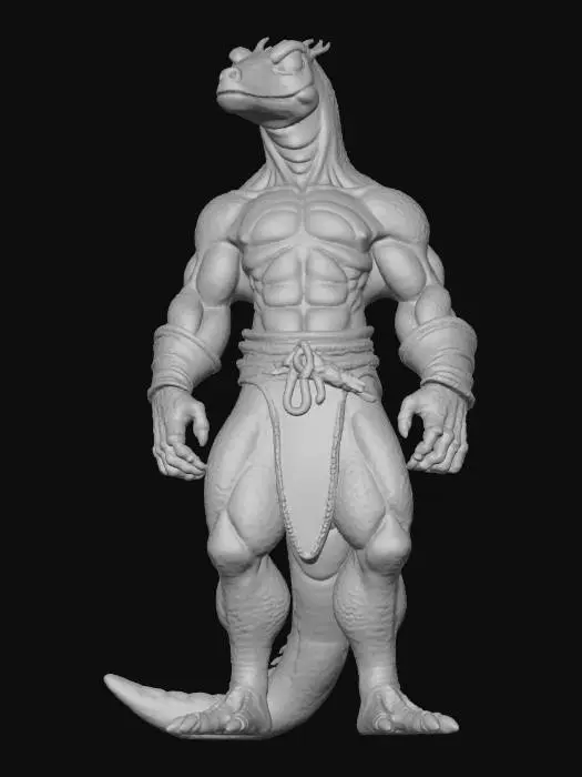 3D model for A blue lizardman warrior, he is tall, muscular and unarmed and is wearing light leather armor. He has bleu scales and a yellow belly.