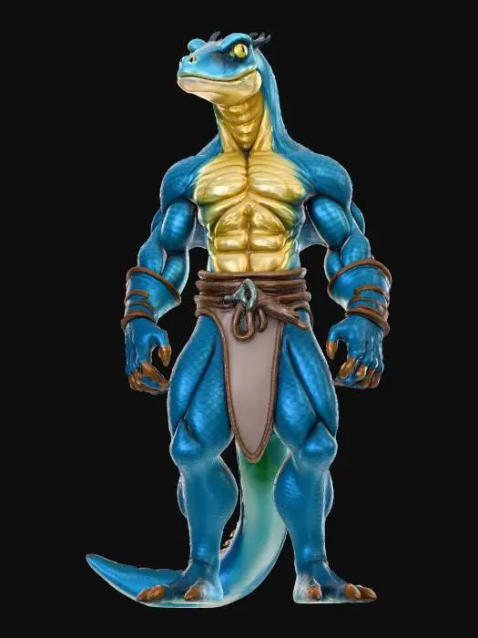 3D model for A blue lizardman warrior, he is tall, muscular and unarmed and is wearing light leather armor. He has bleu scales and a yellow belly.