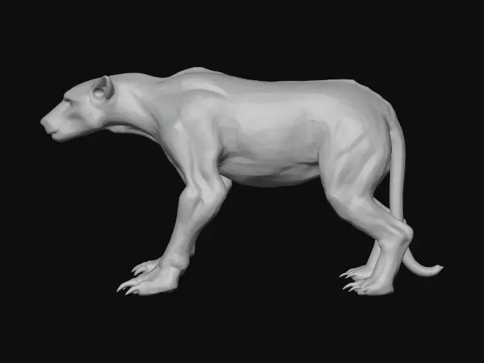 3D model for A formidable creature with a body of raw, dense muscle beneath a short, coarse pelt mottled in deep earth tones of dark olive and mottled brown. Its powerful hind legs are thick and gnarled, feeling like solid wood. The prominent, flexible spine allows for rippling, primal movements, and its broad head features eyes like amber chips set beneath a heavy brow, giving it an ancient, untamed appearance.